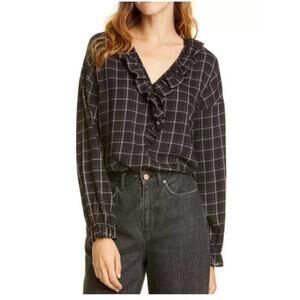 Rebecca Taylor La Vie Check Print Ruffle V Neck Blouse Wmns S Career Office Poet